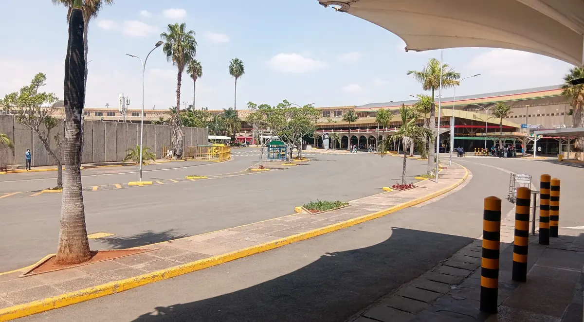 Terminal forecourt and canopy at Jomo Kenyatta International Airport in sunshine